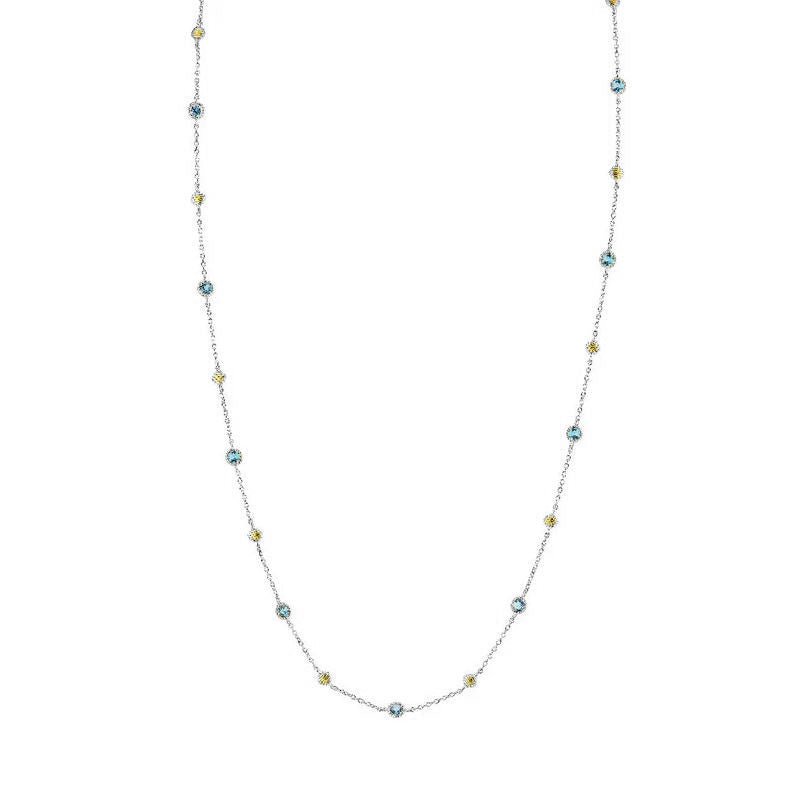 18K Gold Bezel Set Swiss Blue Topaz Chain With Gold Strie Cushions