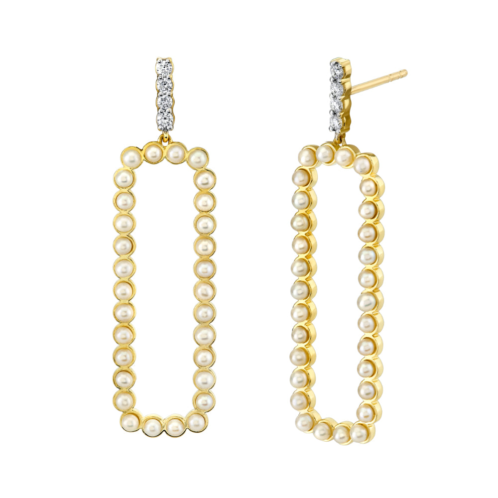 18K Gold Open Link Pearl Diamond Earrings