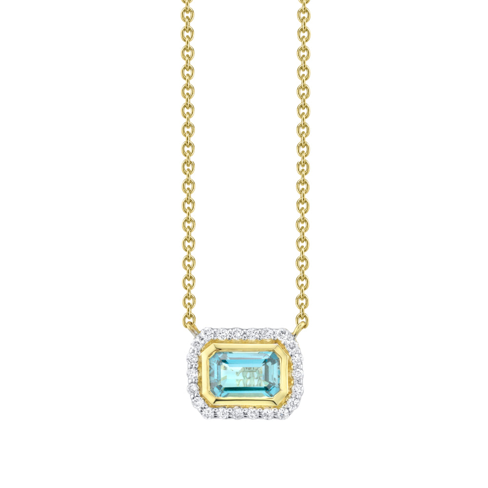 18K Gold Emerald Cut Blue Topaz Diamond Pendant Necklace