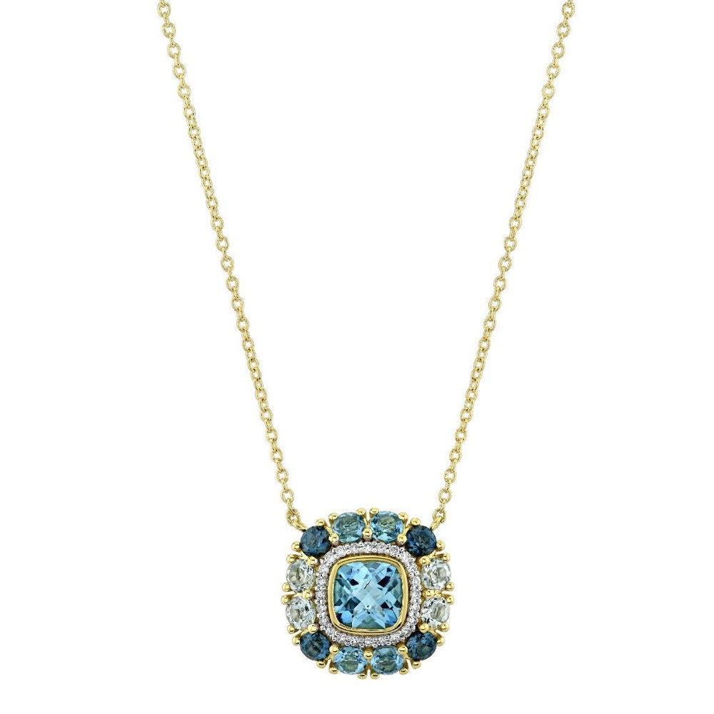 18K Gold Double Halo Blue Topaz and Diamond Necklace 