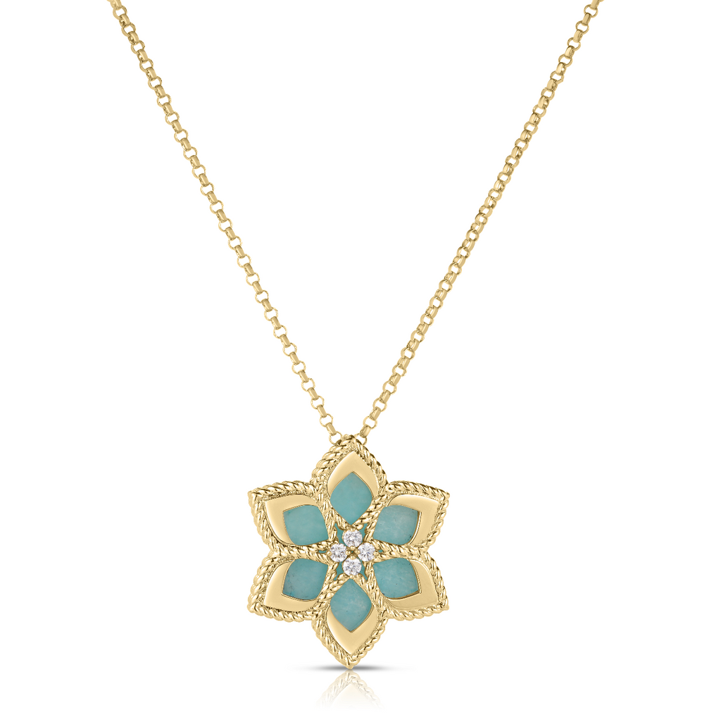 18K Gold Vernazza Amazonite & Diamond Flower Necklace