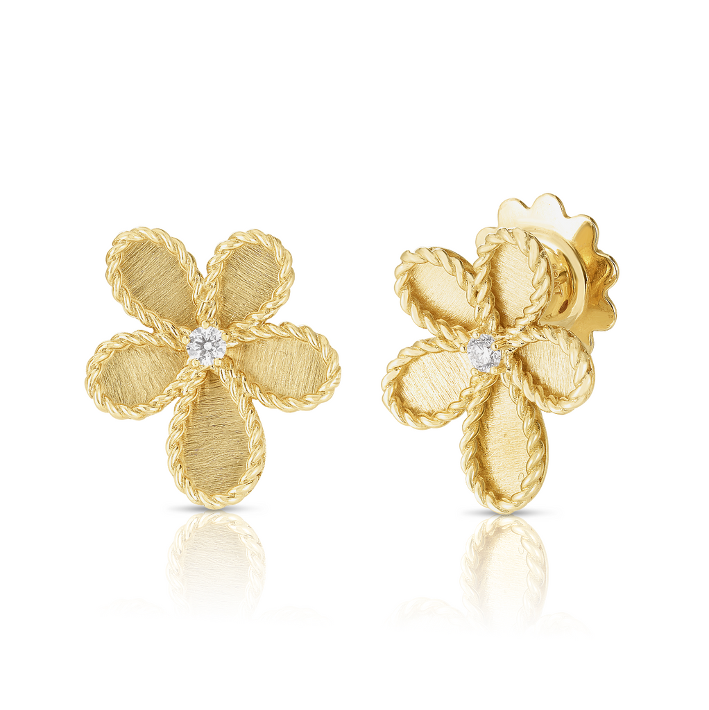 Roberto Coin 18K Gold Jasmine Diamond Flower Satin Finish Earrings 