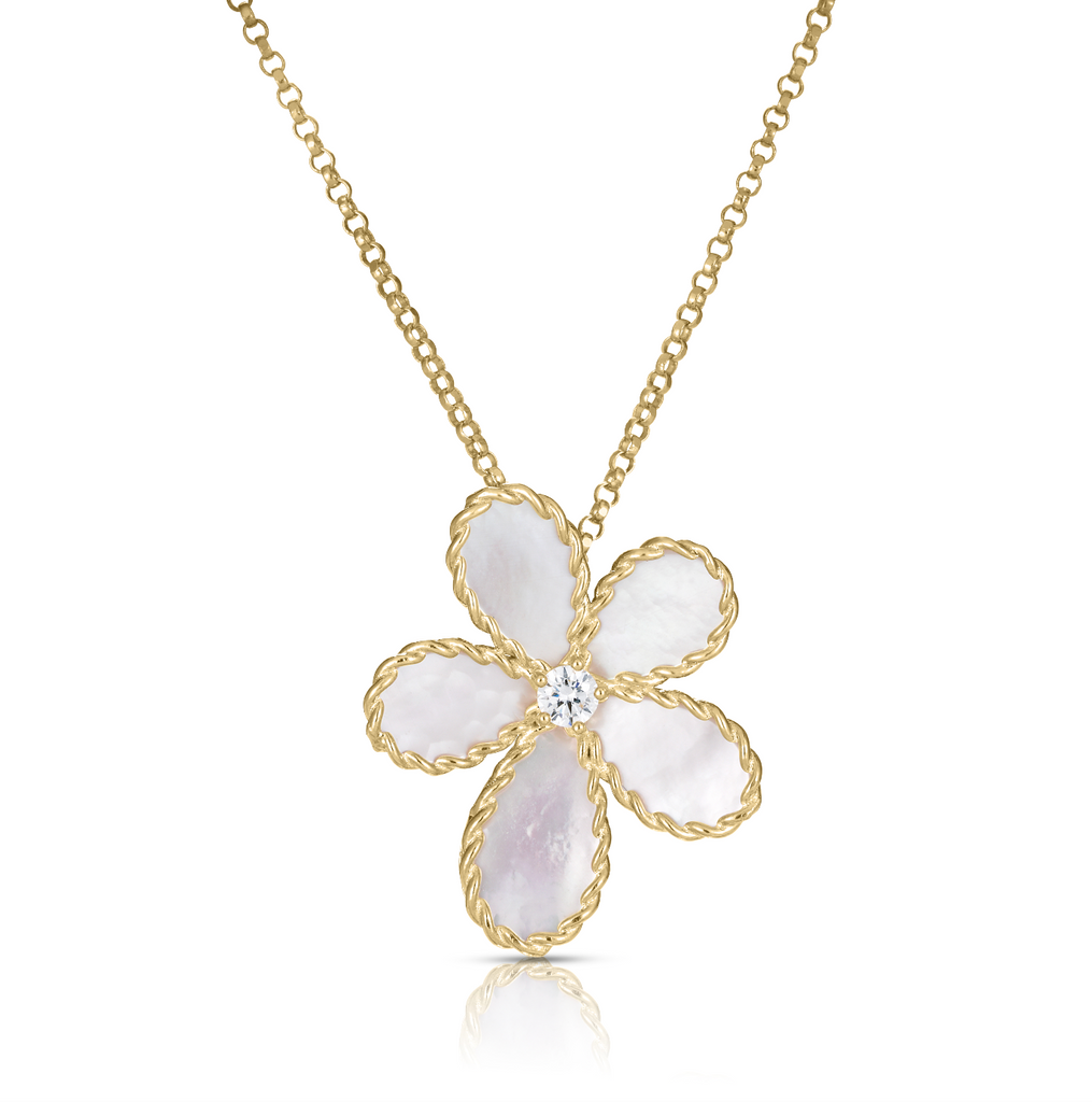 18K Gold Jasmine Mother of Pearl and Diamond Flower Necklace 