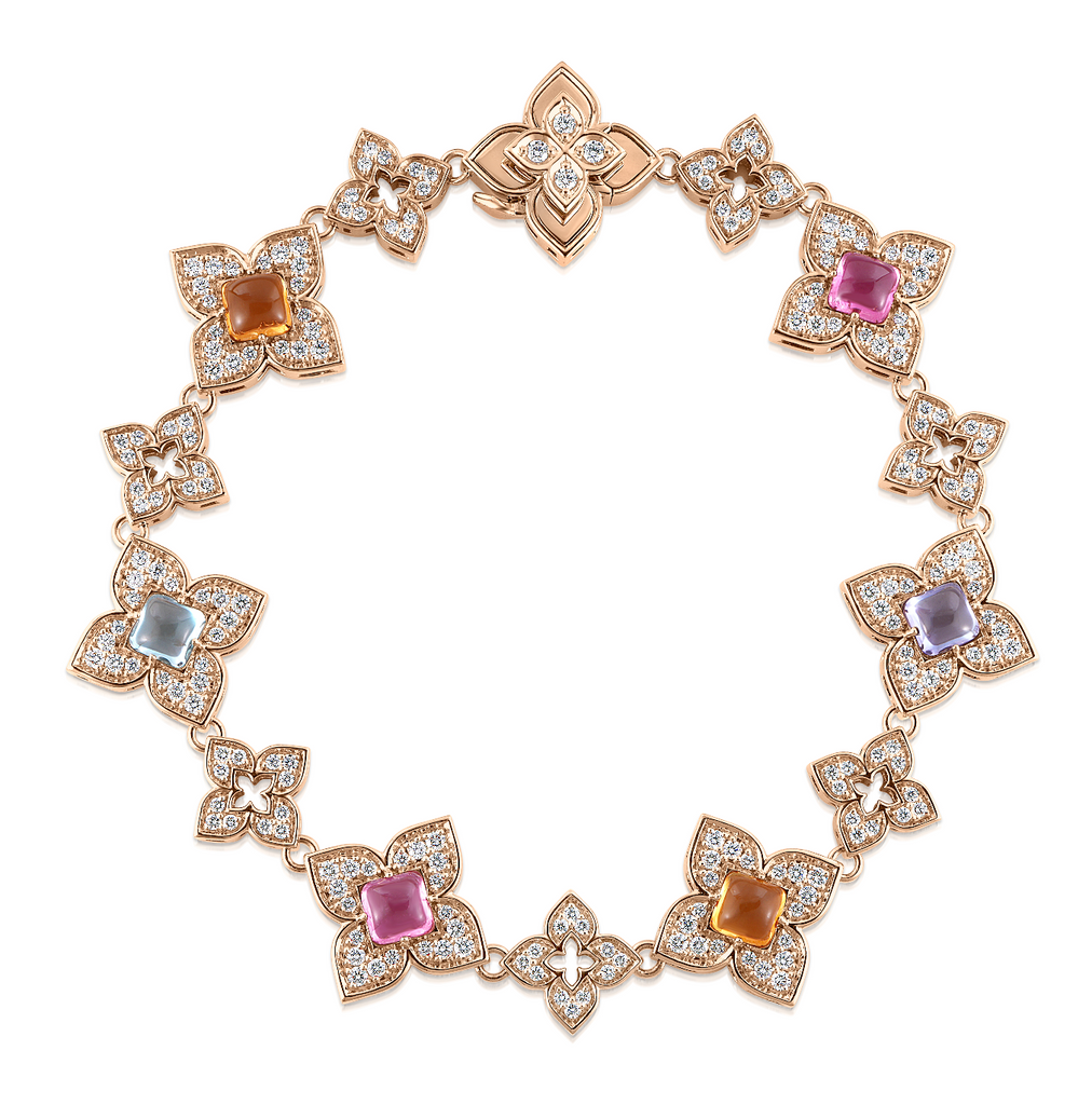 18K Gold Venetian Princess Carnevale Alternating Diamond and Mixed Stones Flower Bracelet 