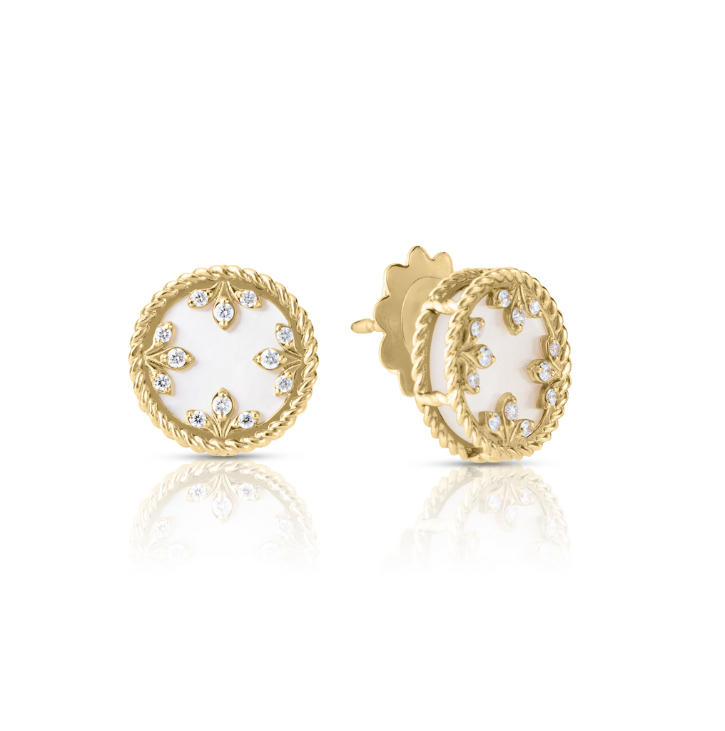 18K Gold Medallion Mother of Pearl and Diamond Stud Earrings 