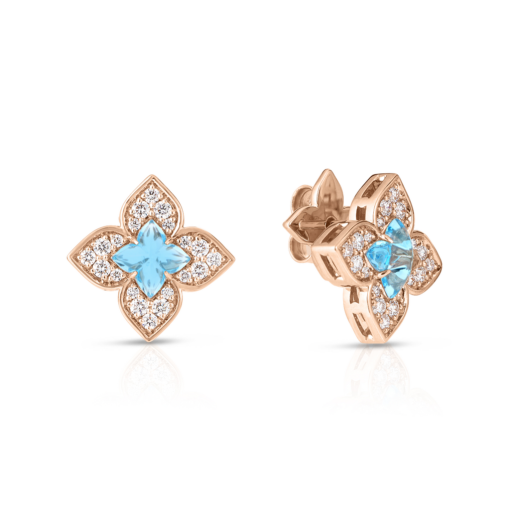 18K Gold Venetian Princess Carnevale Blue Topaz and Diamond Earrings 