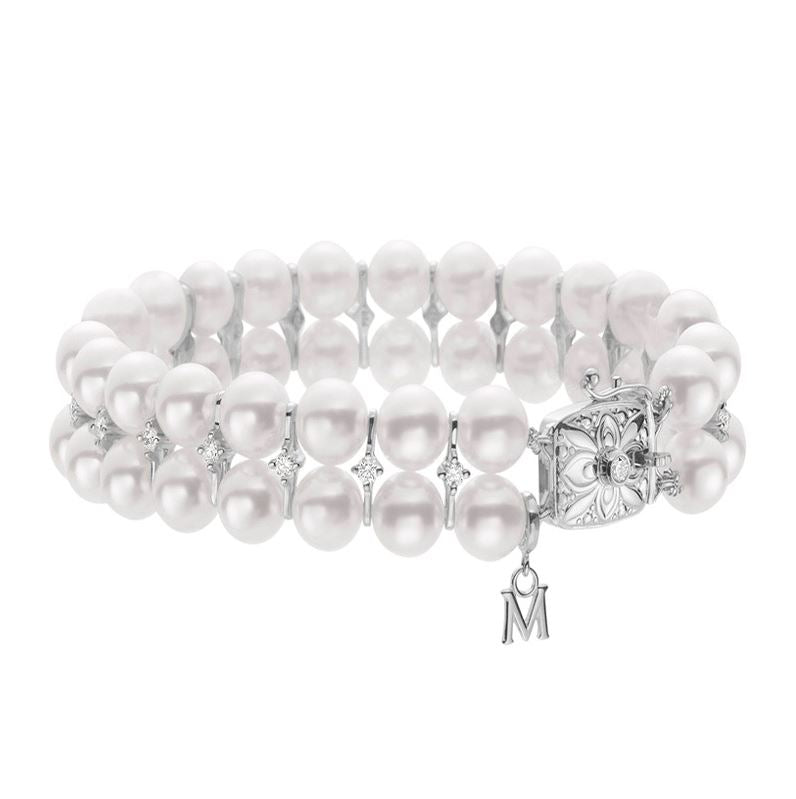 18K Gold Classic Akoya Cultured Pearl & Diamond Two Row Bracelet