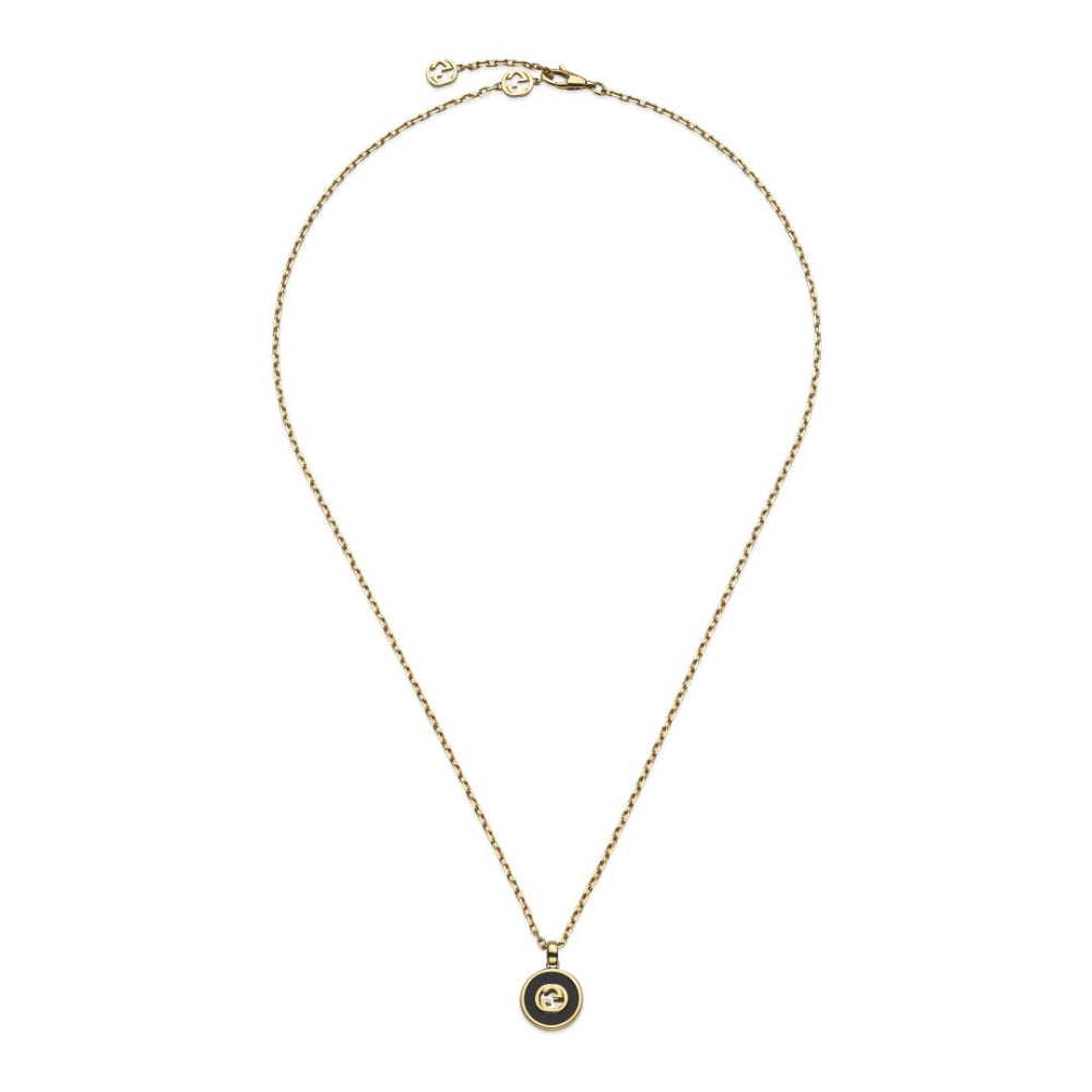 18K Gold Interlocking G Black Onyx and Diamond Necklace 