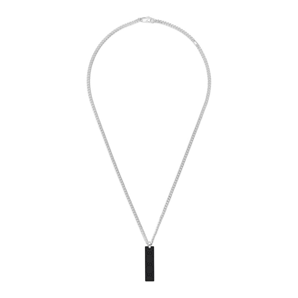 Sterling Silver and Black Rubber GG Tag Necklace