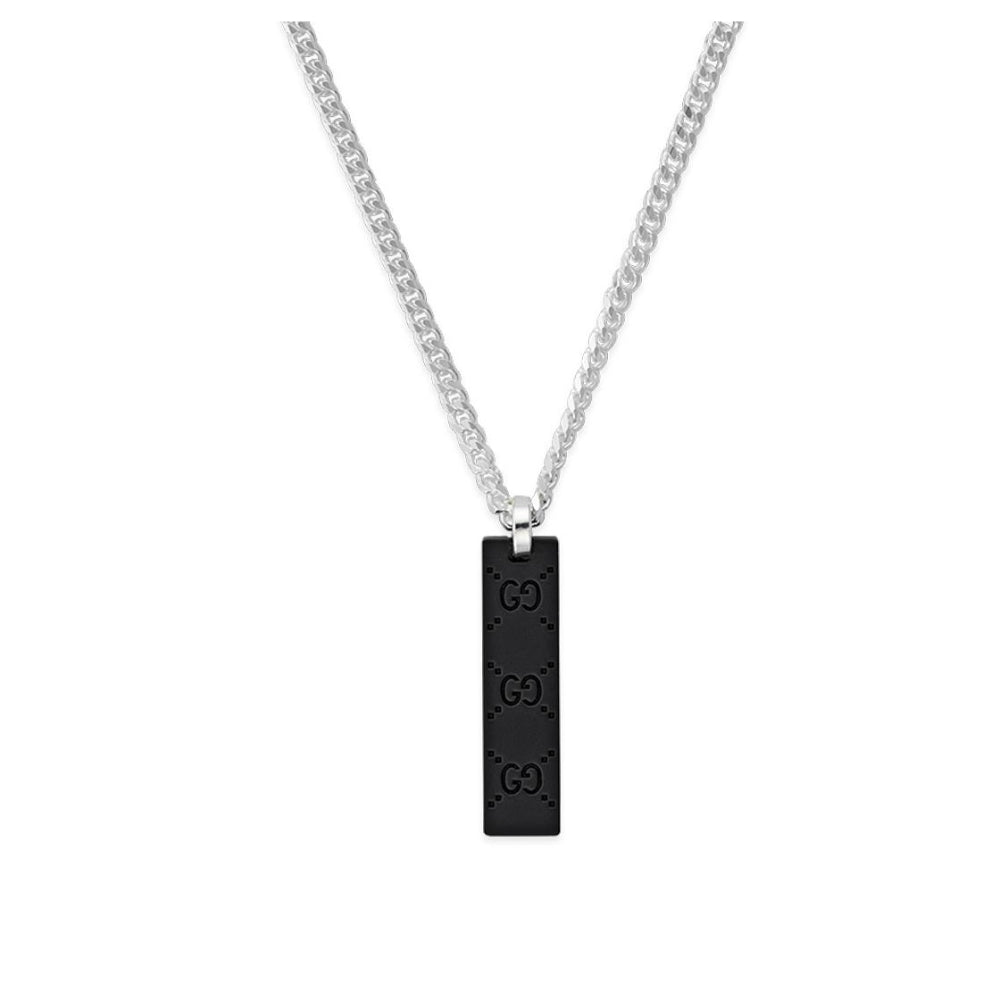 Sterling Silver and Black Rubber GG Tag Necklace