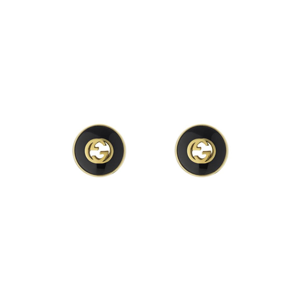 18K Gold Interlocking G Onyx Earrings 