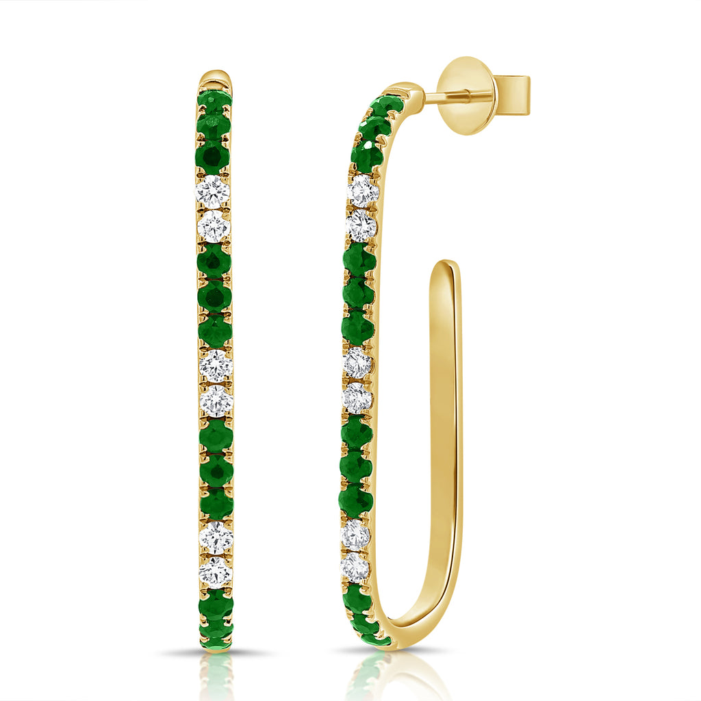14K Yellow Gold Rectangular Diamond and Emerald Hoop Earrings