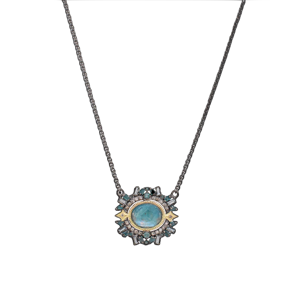 18K Gold & Grey Sterling Silver New World Multi-Stone Emblem Pendant Necklace