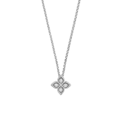 Roberto Coin Princess Small Diamond Flower Pendant Necklace in 18K White Gold