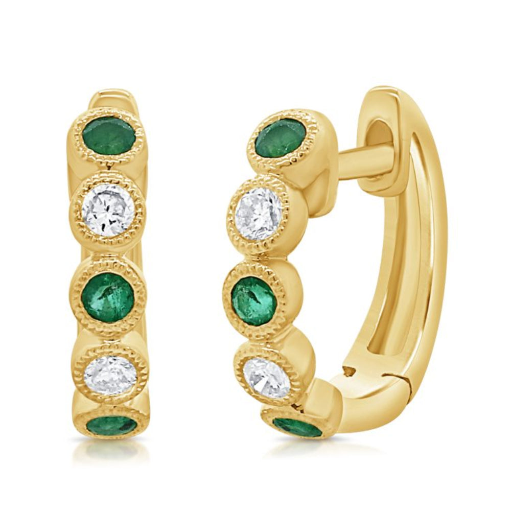 diamond and emerald yellow gold huggie earrings
