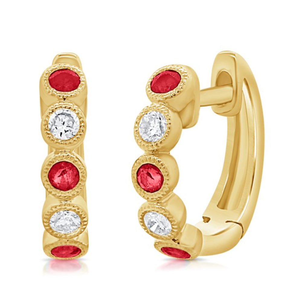 Diamond and Ruby gold huggie earrings