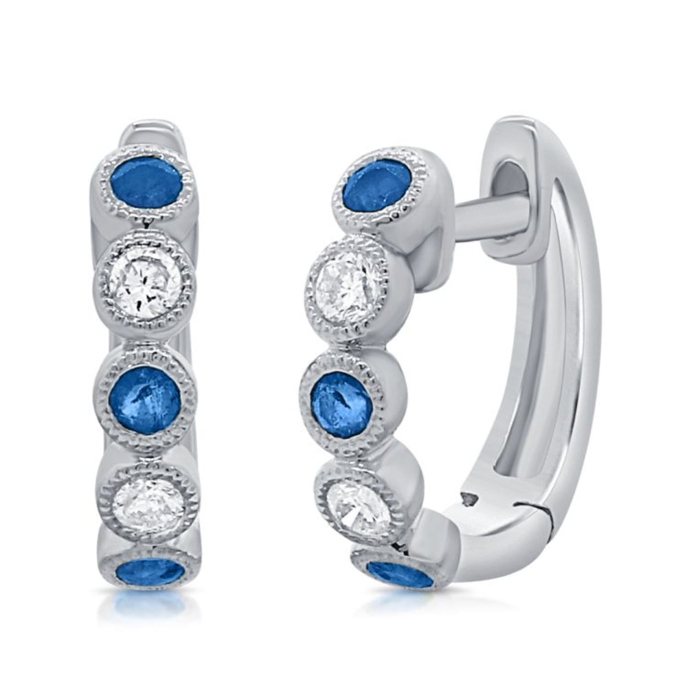 diamond and sapphire white gold huggie earrings