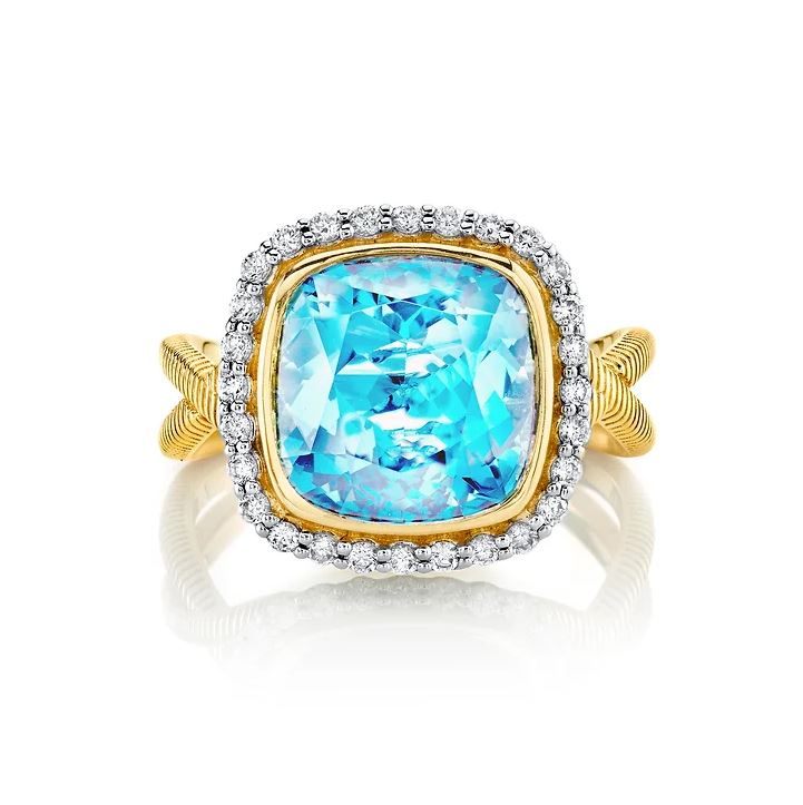 18K Yellow Gold Strie Ring with Cushion Cut Sky Blue Topaz and Diamonds