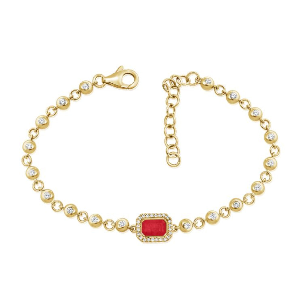 14K Gold Ruby & Diamond Bezel Set Ball Bracelet