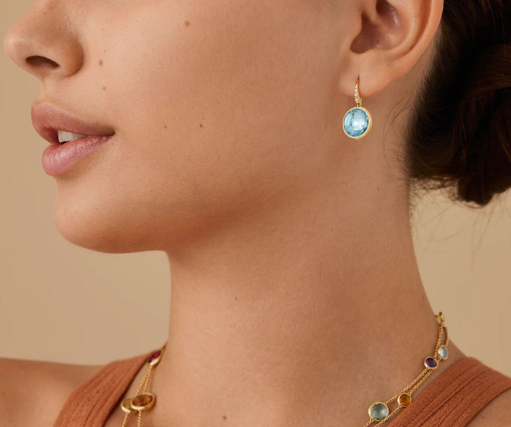 18K Gold Jaipur Color Gemstone Stud Drop Earrings with Diamonds, Blue Topaz