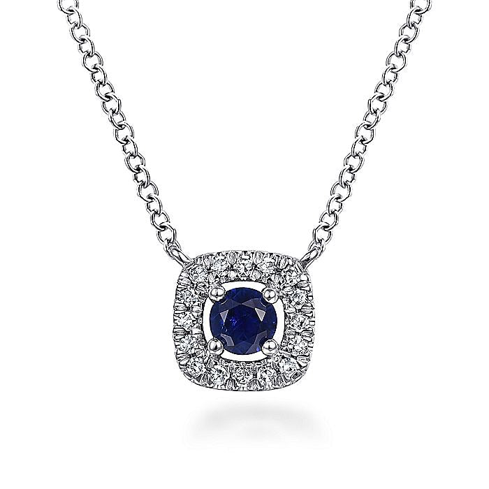 Gabriel & Co. 14K White Gold Sapphire and Cushion Shape Diamond Halo Pendant Necklace NK5978W45SA
