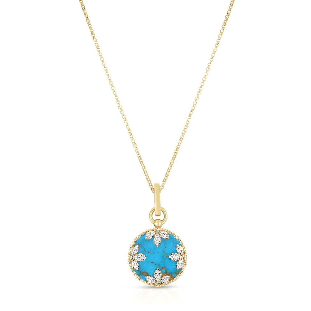 18K Gold Medallion Charm Necklace with Turquoise and Diamonds