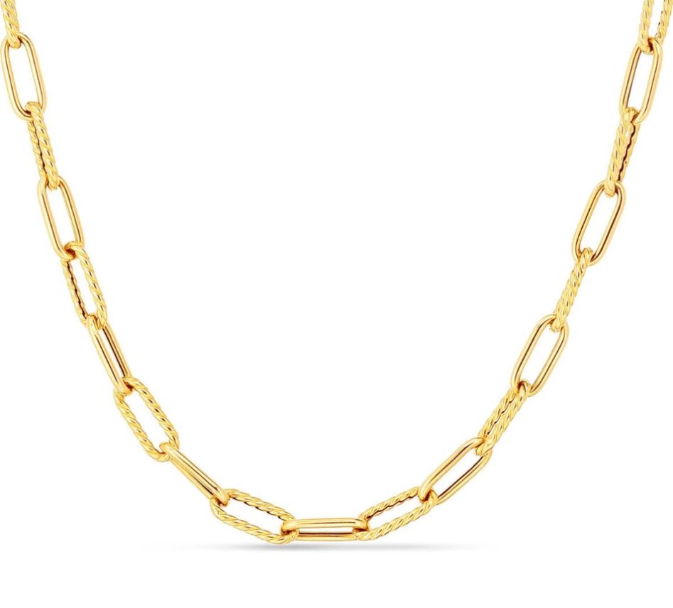 18K Gold Polished Fluted Paperclip Chain Necklace
